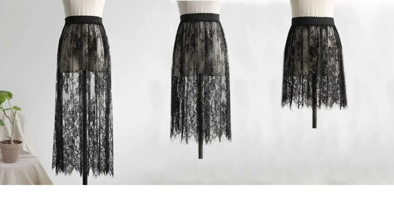 2 Length Elegant Black Skirt White Lace Transparent Long Tulle Skirt Ladies Elastic High Waist Beach Midi Skirt