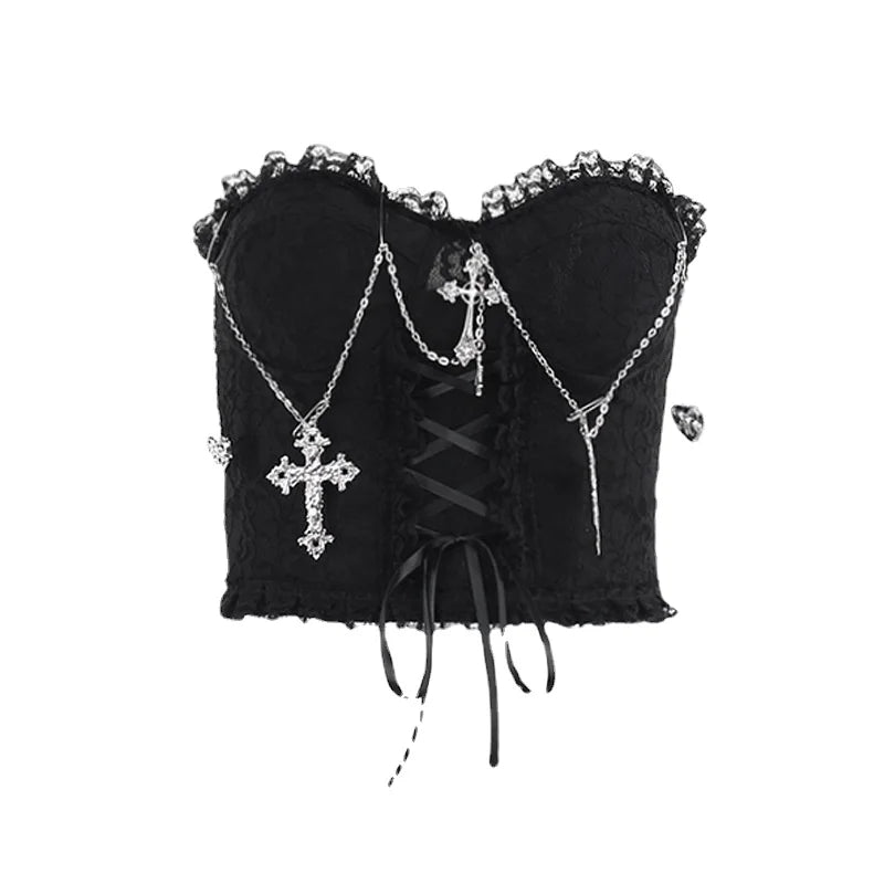 Emo Gothic Cross Chain Crop Tube Top Women's Sexy Harajuku Ruched Lace Trim Strapless E Girl Hippie Party Grunge Tops