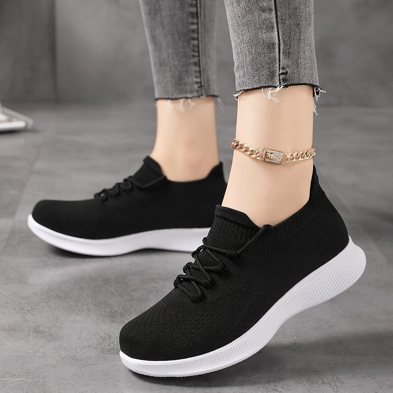 Women's Breathable Knit Sneakers, Casual Lace Up Outdoor Shoes, Comfortable Low Top Shoes plus size