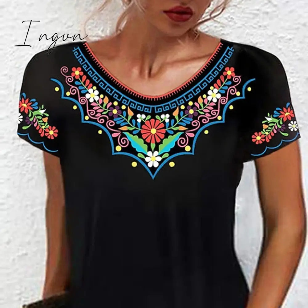 Ingvn - Women's Casual Dress Ethnic Dress Shift Dress Mini Dress Black White Light Green Short Sleeve Floral Print Spring Summer Crew Neck Basic Daily Vacation Loose Fit 2023 S M L XL XXL