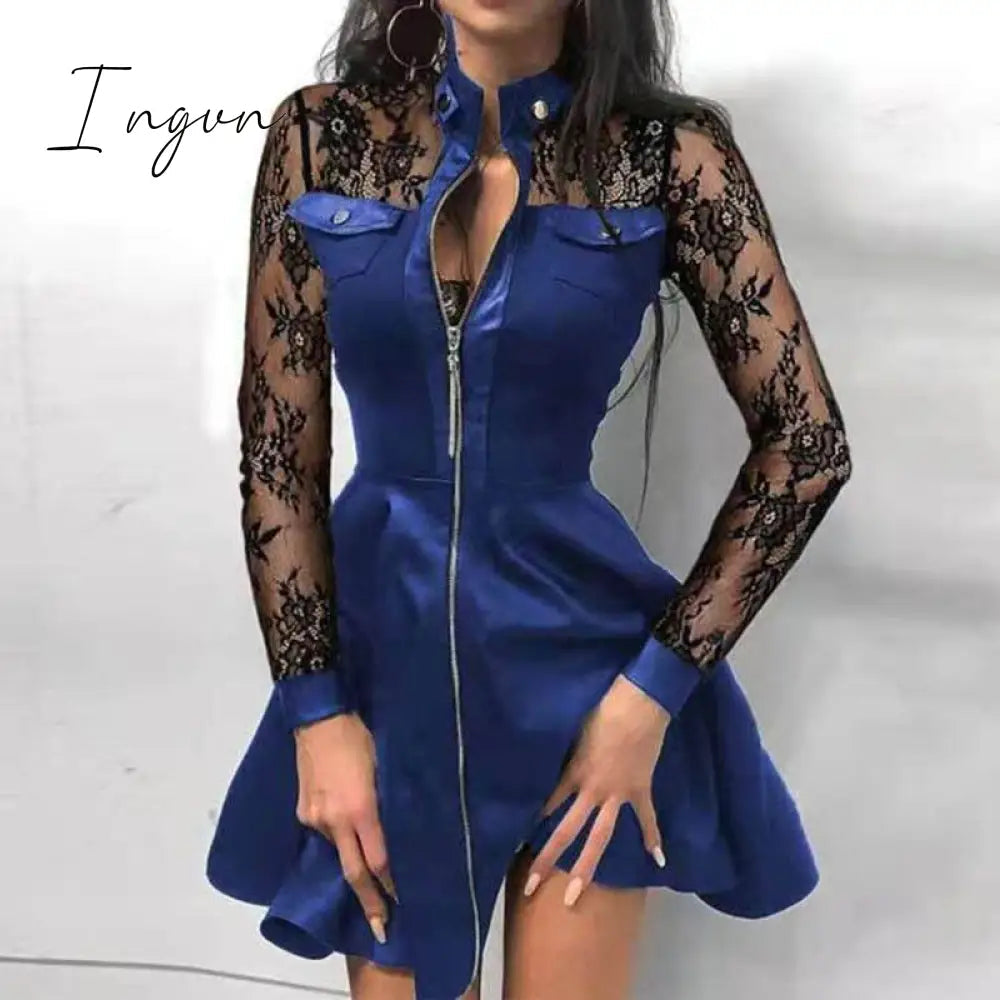 Ingvn - Sexy Stand Collar Print Zipper Long Sleeves Mini Dress Casual Autumn Winter Fashion Pocket Pu Leather Dress Elegant Slim Dresses