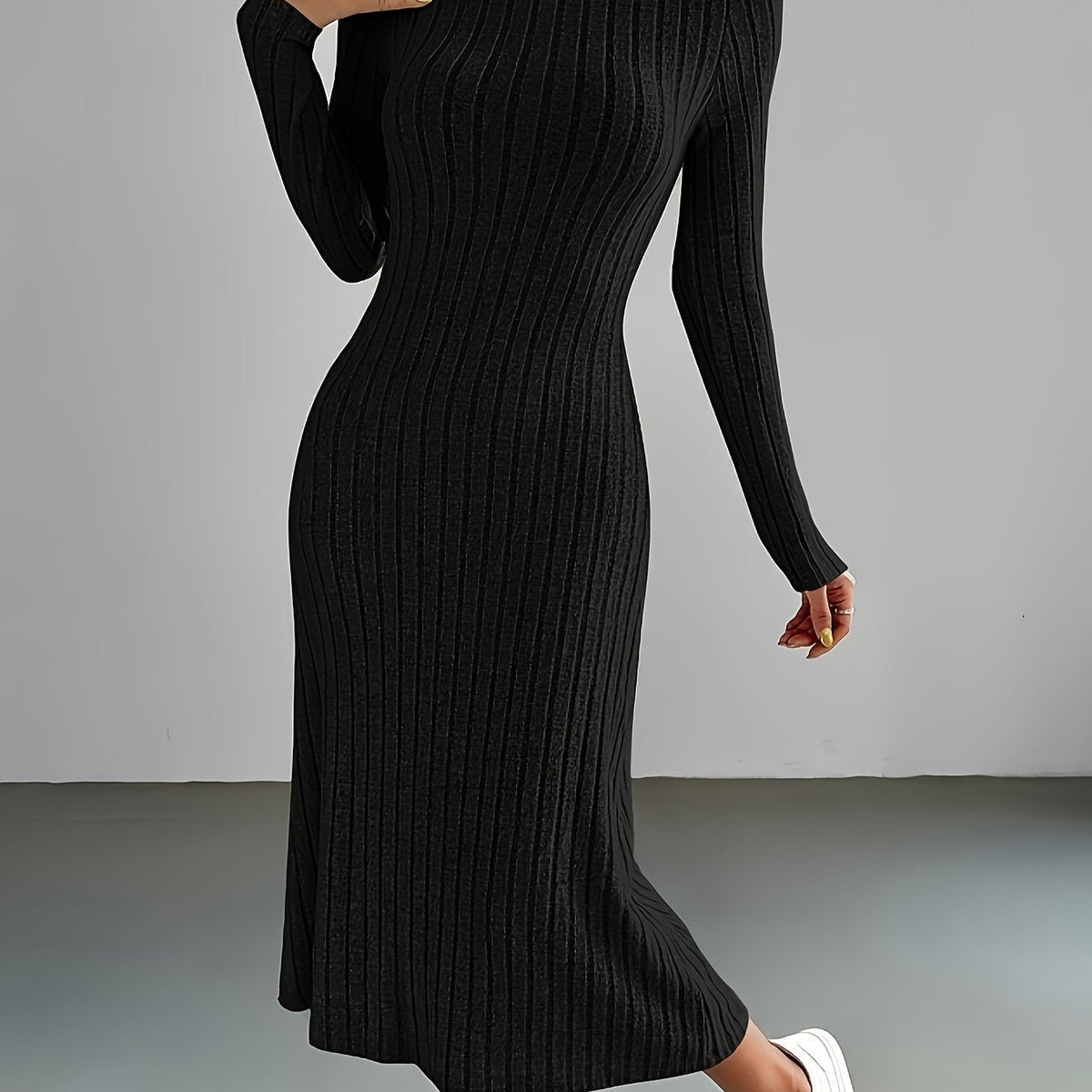 Chic Ribbed Black Midi Dress - Comfortable Mock Neck & Long Sleeves - Perfect for Any Occasion