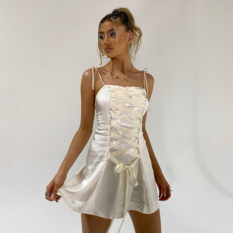 Solid Charmeuse Bandage Backless Sleeveless Shirring Lace-up Dress Summer Women Woods Elves Style Streetwears