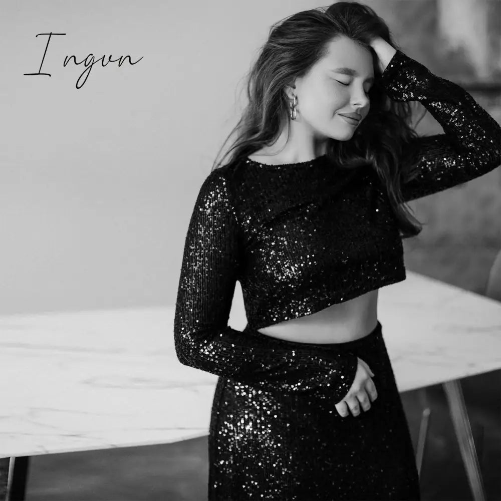 Ingvn - Fashion Sequins Night Club Sexy Two Piece Set Separate Top and Skirt Co-Ords Matching Sets Outfits Rave Festival