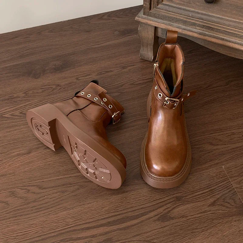 Ingvn  Thick Heel Women Ankle Boots Fashion Elegant Belt Buckle Shoes Spring Autumn Vintage Women's Morder Short Booties