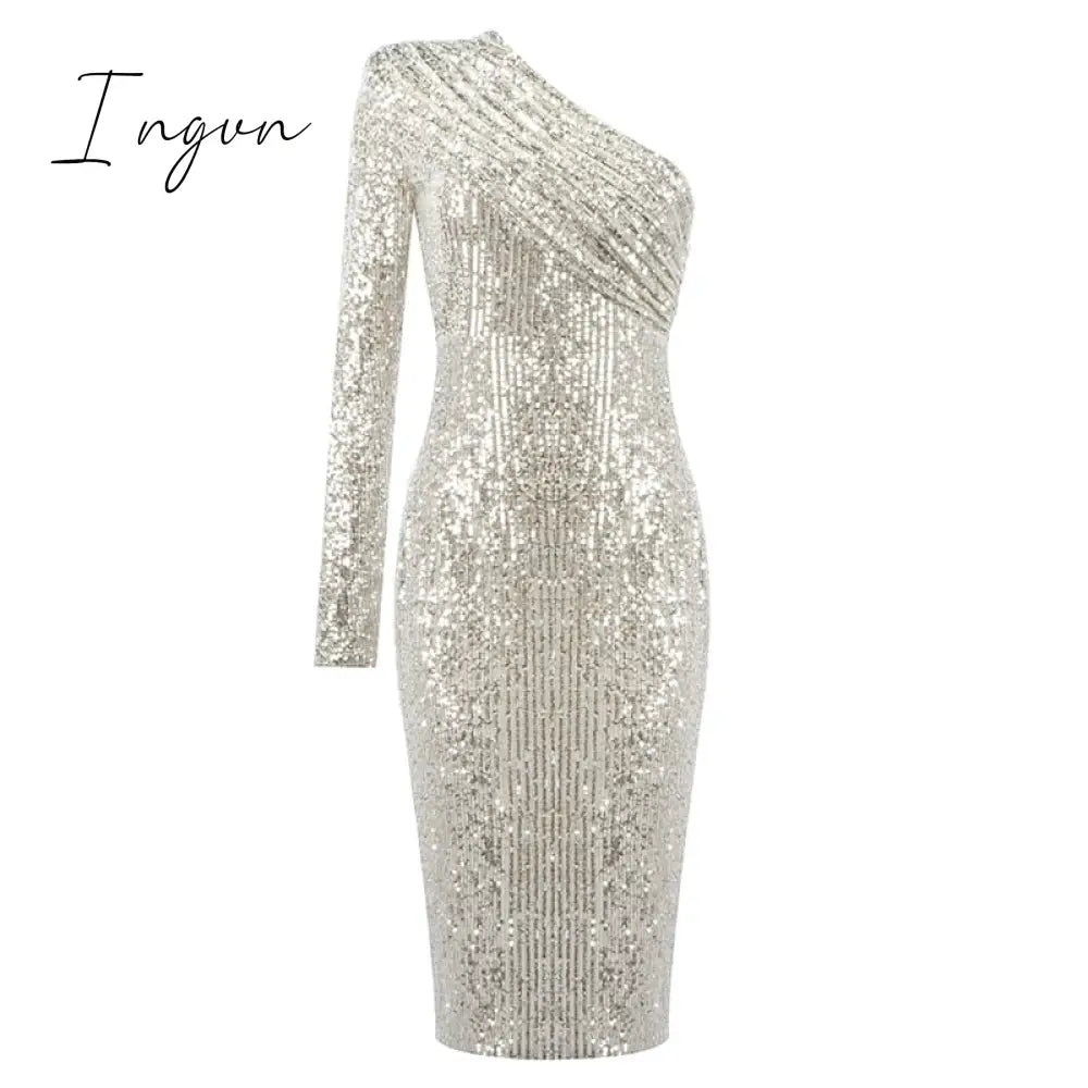 Ingvn - Sexy One Shoulder Dress Sparkle Glitzy Sequins Dress Mesh Patchwork Celebrity Christmas Party Vestidos