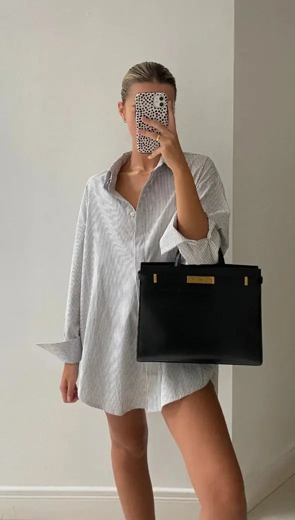 Ingvn  Chic Striped Women Shirt Loose 100% Cotton Shirts Tops Ladies Casual Lapel Oversized Lace Up Blouse Women Tops Blouse