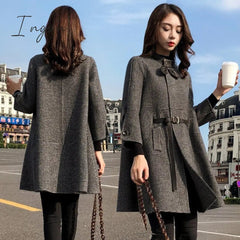 Ingvn - Office Lady Woolen Jacket Women's Middle Long Korean Autumn Winter New Loose Cape Small Thousand Bird Lattice Woolen Coats