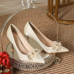 Stiletto heel pointed satin beige high heels women's wedding shoes wedding bride bridesmaid shoes satin beige plus size widened