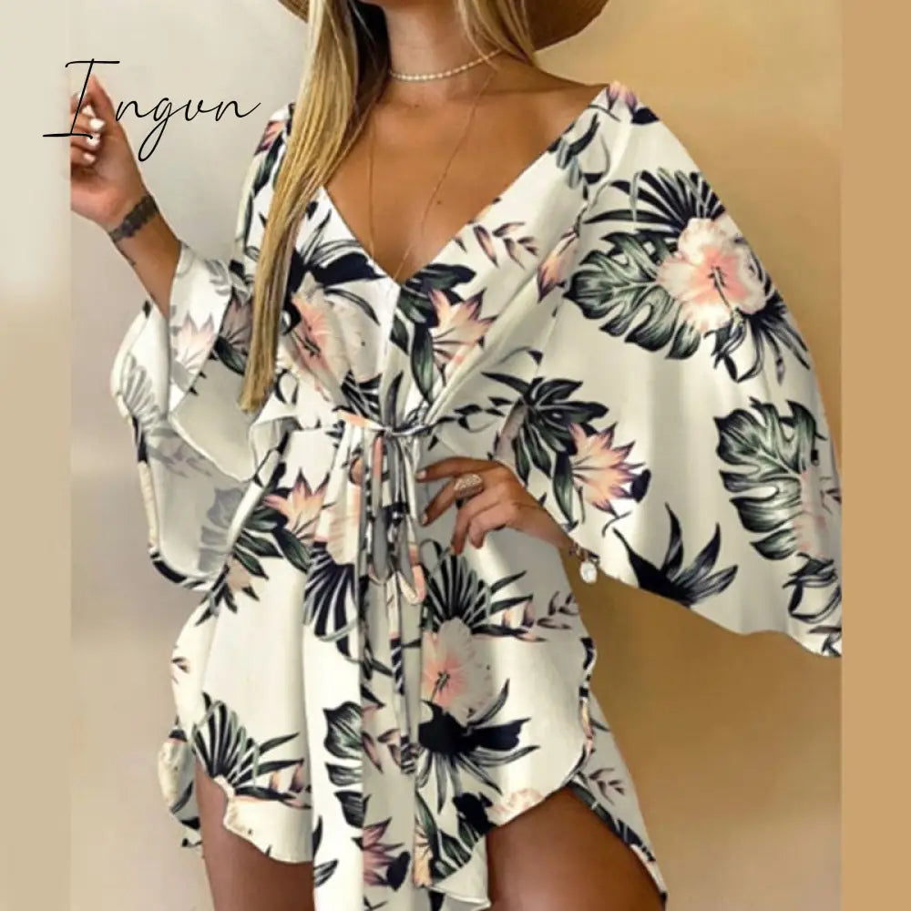 Ingvn - Summer Outfits Casual Leaf Leopard Print Harajuku Batwing Sleeve Dress Lady Elegant Lace-Up Irregular Party Dress Sexy V-Neck Women Mini Dress