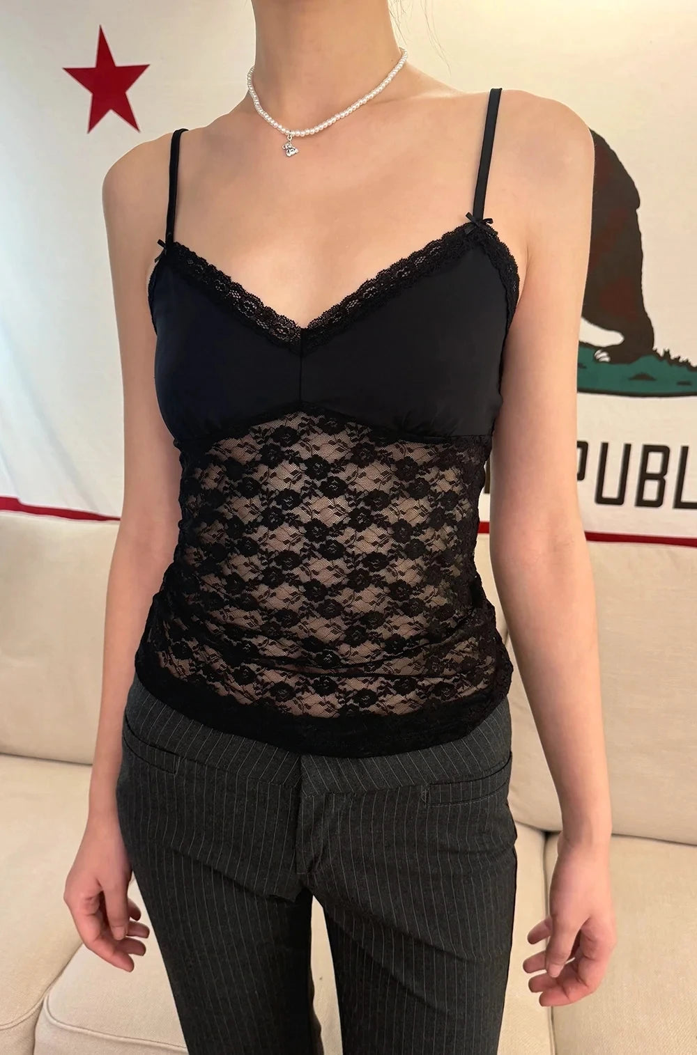 Lace Bow Transparent Bra Tank Top Summer Sleeveless V-Neck Thin Slim Vest Women Sweet Vintage Streetwear Sexy Crop Tops Y2k