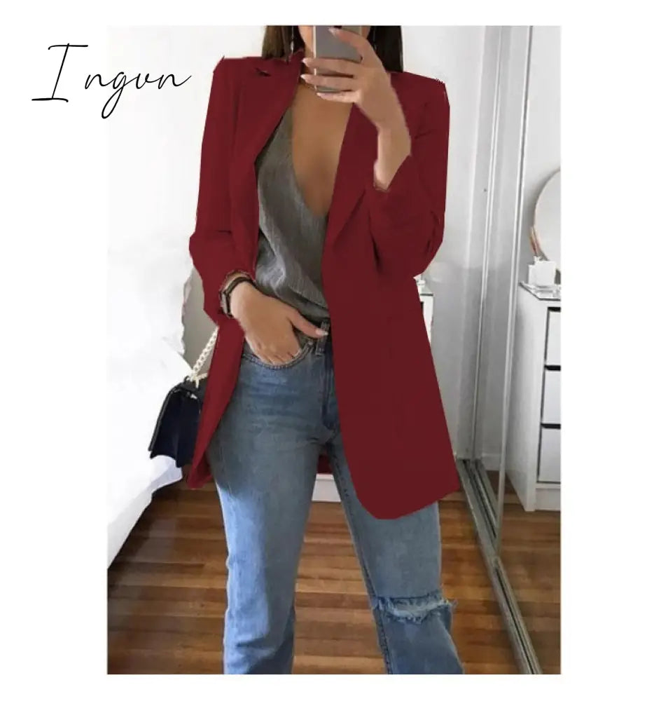 Ingvn - Fashion Korean Casual Women's Blazer Spring Autumn Long Blazer Women Suit Outwear Slim Coats Office Ladies Blazer Work Jacket