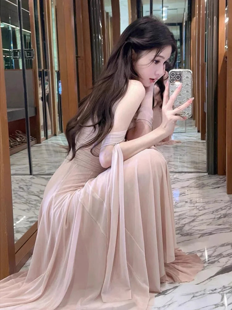 Elegant Wedding Evening Party Midi Dresses for Women Summer New Spliced Mesh French Sexy Sleeveless Pink Female Clothing
