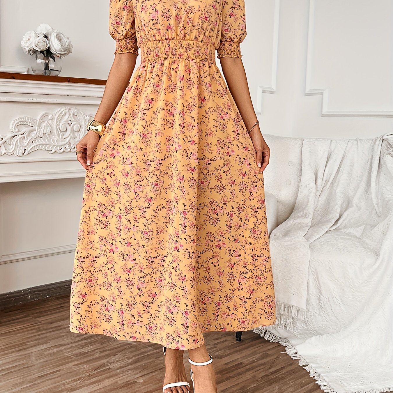 Blossoming floral print dress - Romantic Puff Sleeves & Shirred Bodice - Perfect for Spring/Summer - Flattering Crew Neck - Stylish Womens Casual Wear