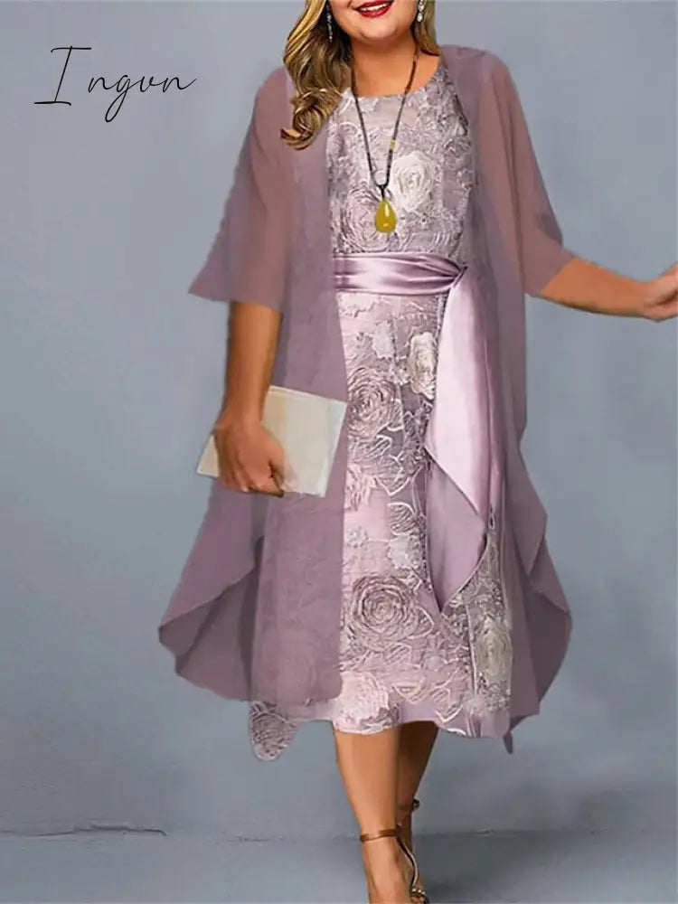 Ingvn - Women's Plus Size Casual Dress Dress Set Two Piece Dress Floral Midi Dress 3/4 Length Sleeve Crew Neck Fashion Daily Pink Wine Summer Spring L XL XXL 3XL 4XL