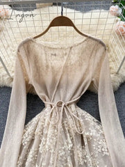 Ingvn - 2023 New Autumn Summer O-neck Lace Up Waist Closing Irregular Vestidos Women Temperament Elegan Party Dress Tide