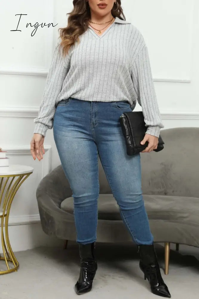 Ingvn - Casual Solid Basic V Neck Plus Size Tops