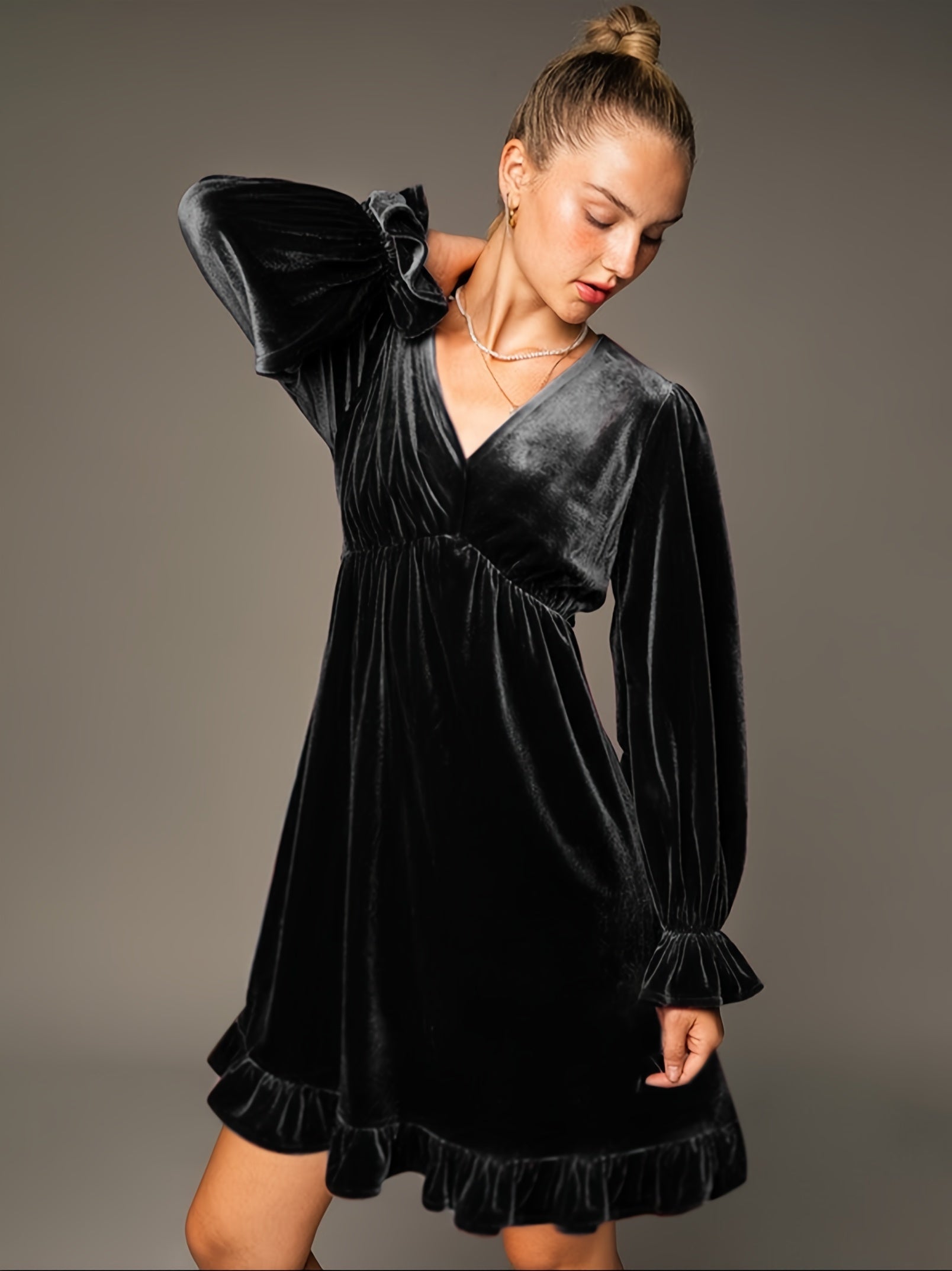 V Neck Velvet Dress For Women Long Sleeve Ruffle Midi Dress Wedding Party Dress With Pockets