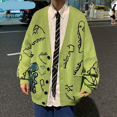 Oversized Cardigan Knitted Sweater Streetwear Loose Male Top Coat Hip Hop Sweater Cartoon Pattern Pullovers