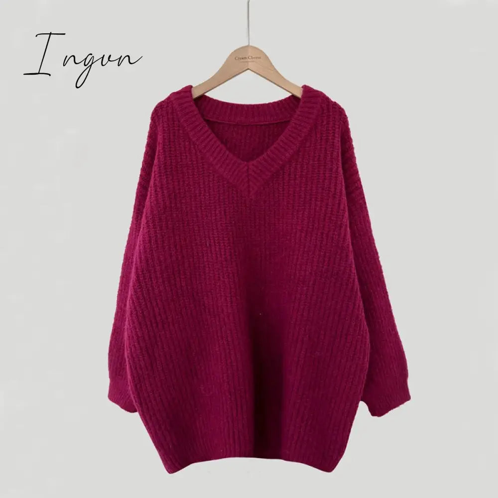 Ingvn - Green Oversized Sweaters for Women Fall Winter 2023 Korean Fashion Long Loose Pullovers V Neck Long Sleeve Jumpers