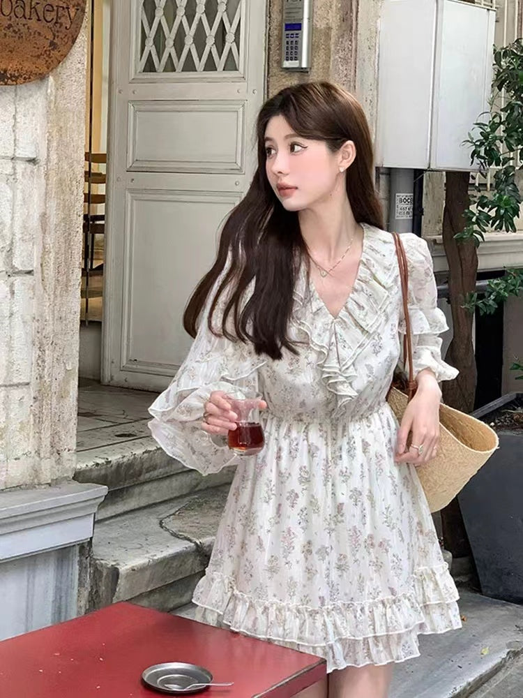 Pphmm Casual Pleated Chiffon Office Lady Dress Spring Women Ruffle V Neck Waist Mini Dress Elegant Lantern Sleeve Print Beach Dresses
