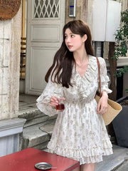 Pphmm Casual Pleated Chiffon Office Lady Dress Spring Women Ruffle V Neck Waist Mini Dress Elegant Lantern Sleeve Print Beach Dresses