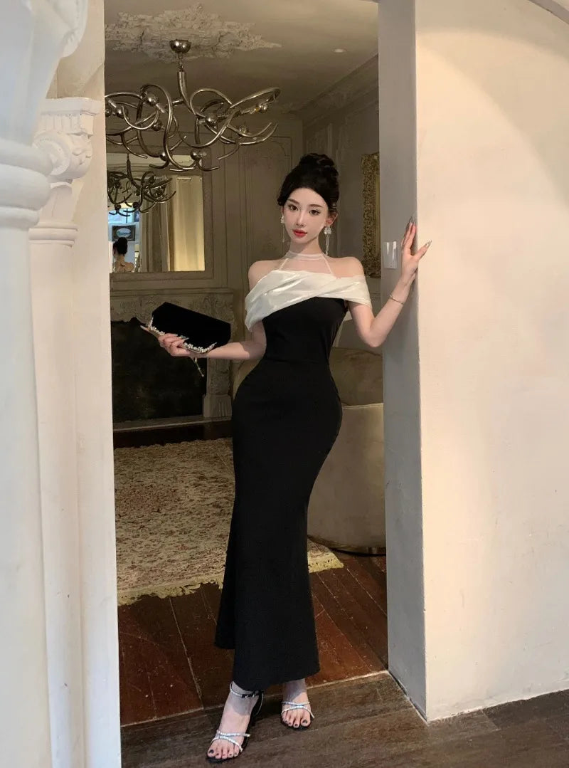 Elegant Fashion Wedding Evening Party Black Midi Dresses Women Summer Vintage Sleeveless Mesh Patchwork Bodycon Female Clothing