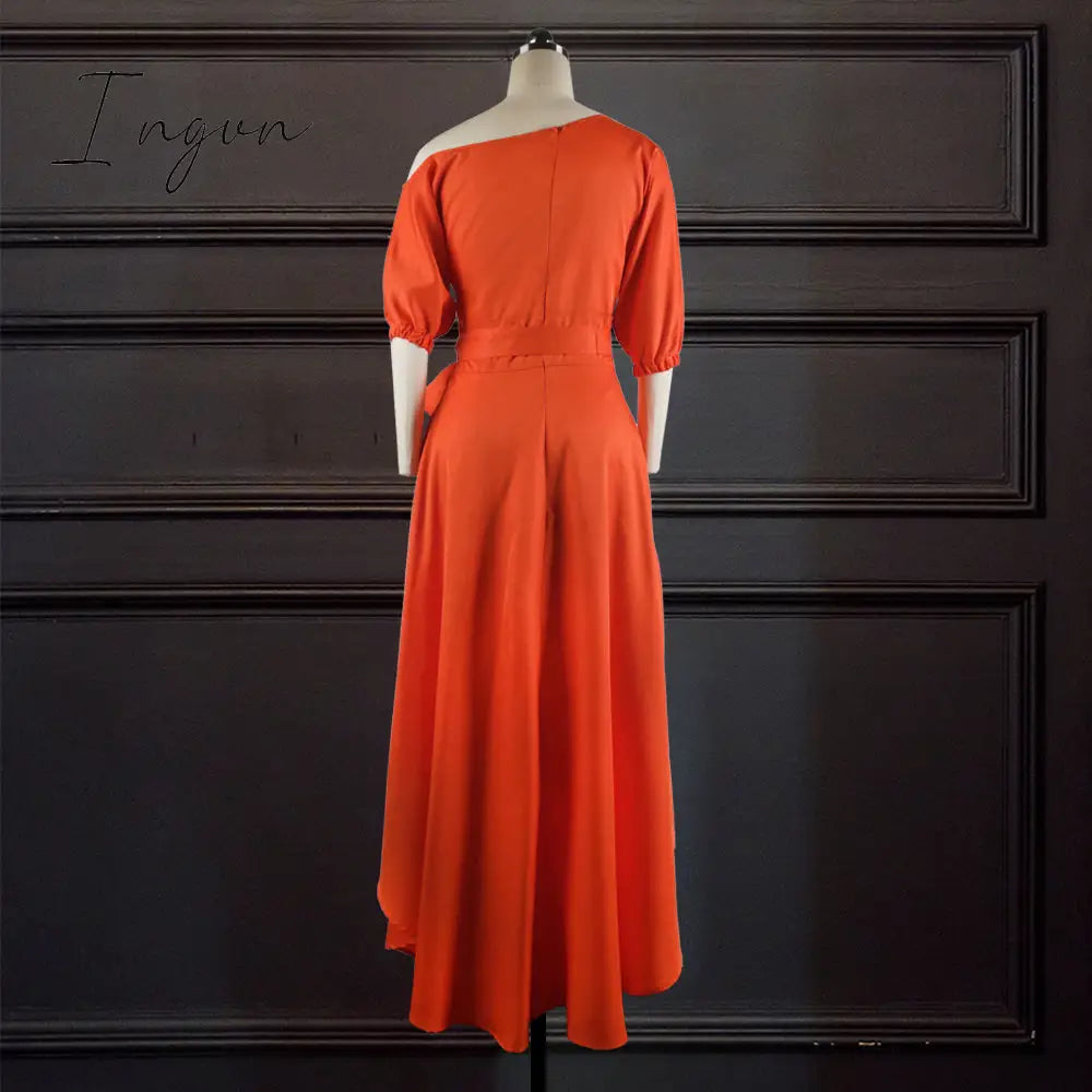 Ingvn - Women Dress Bare Shoulder Waist Belt Long A Line Pleated Orange Casual Fashion Female Ladies Elegant New Autumn Summer Robes