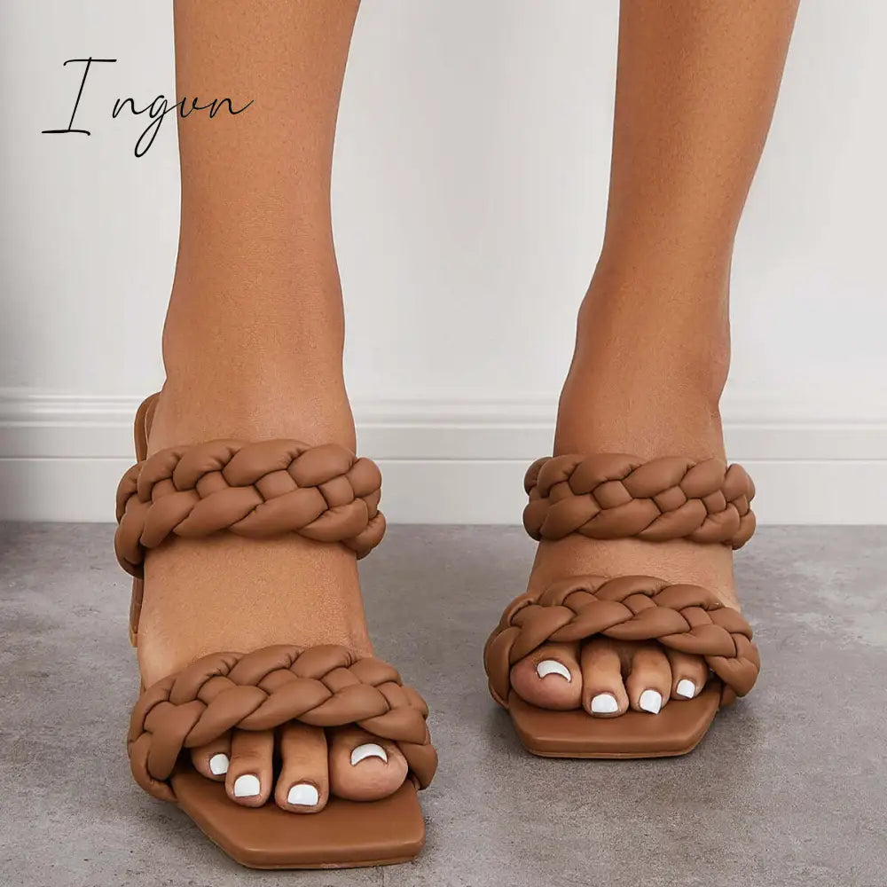 Ingvn - Square Toe Block High Heels Backless Slip on Mule Sandals