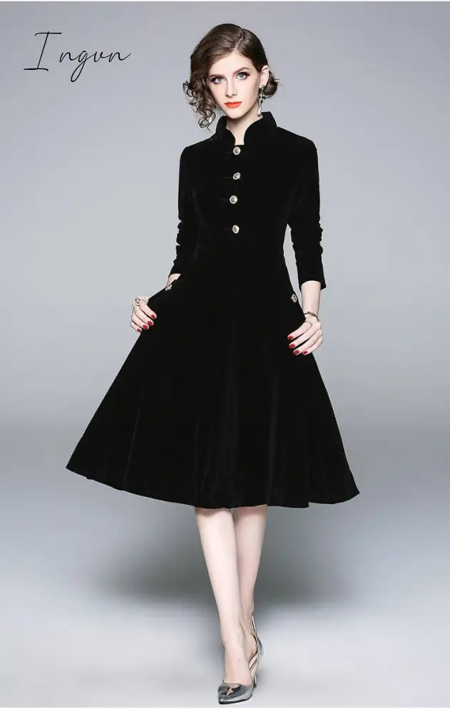 Ingvn - Women Autumn & Winter Elegant Velvet Dress Festa High Quality Vintage Party Robe Femme A-Line Designer Black Vestidos