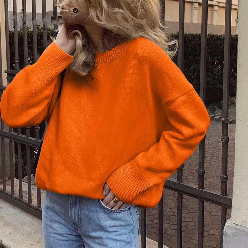 Voguable Elegant Women Sweater Oversized Knitted Basic Pullovers O Neck Loose Soft Female Knitwear Jumper