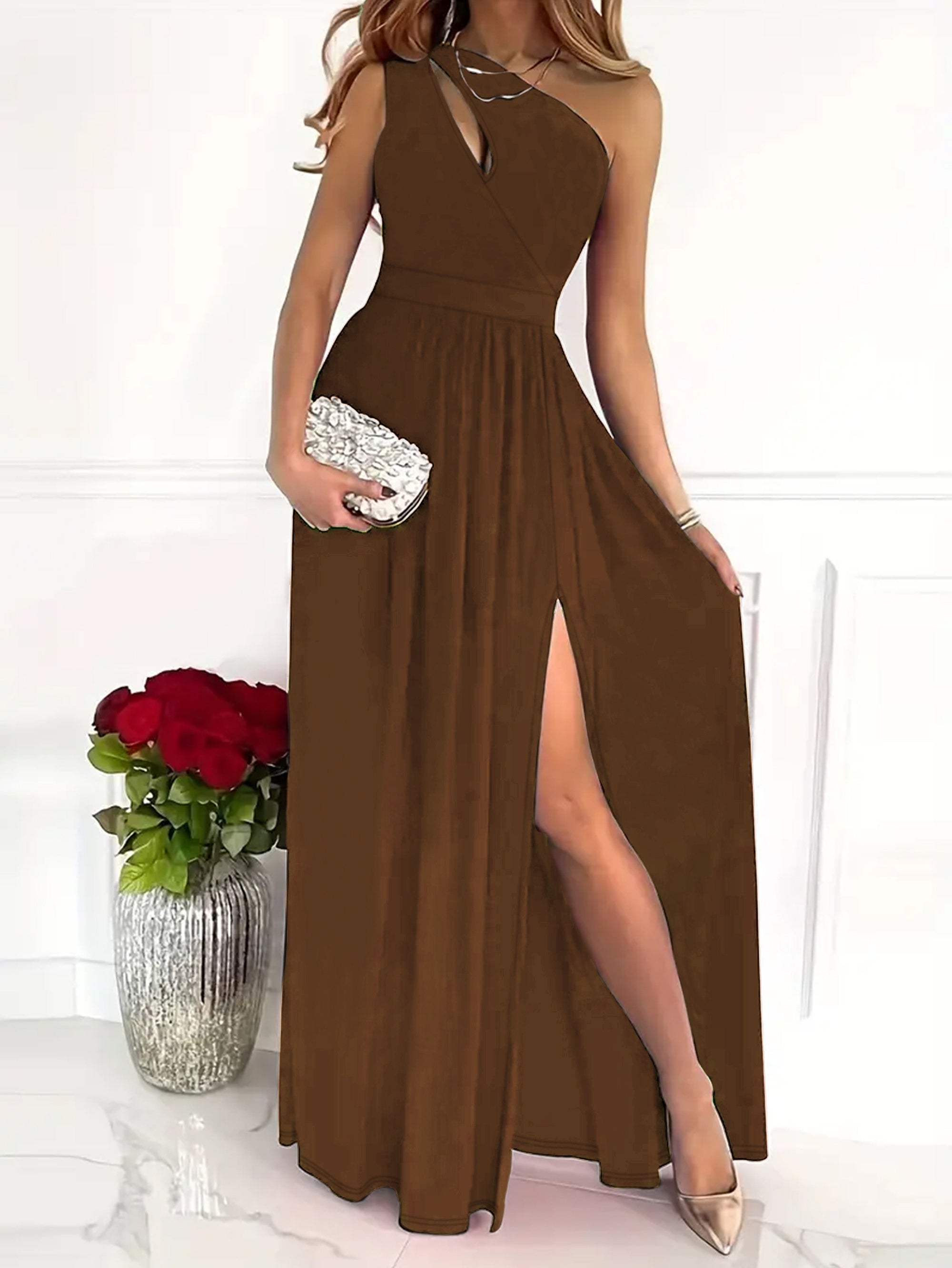 Solid One Shoulder Split Aline Dress, Elegant Ruffle Hem Sleeveless Asymmetrical Dress For Club & Party, Women's Clothing