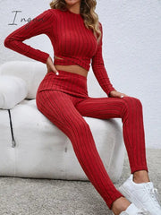 Ingvn - Women's Crop Top Pants Sets Black Red Khaki Solid Color Long Sleeve Casual Daily Fashion Round Neck Regular Fit Spring &  Fall