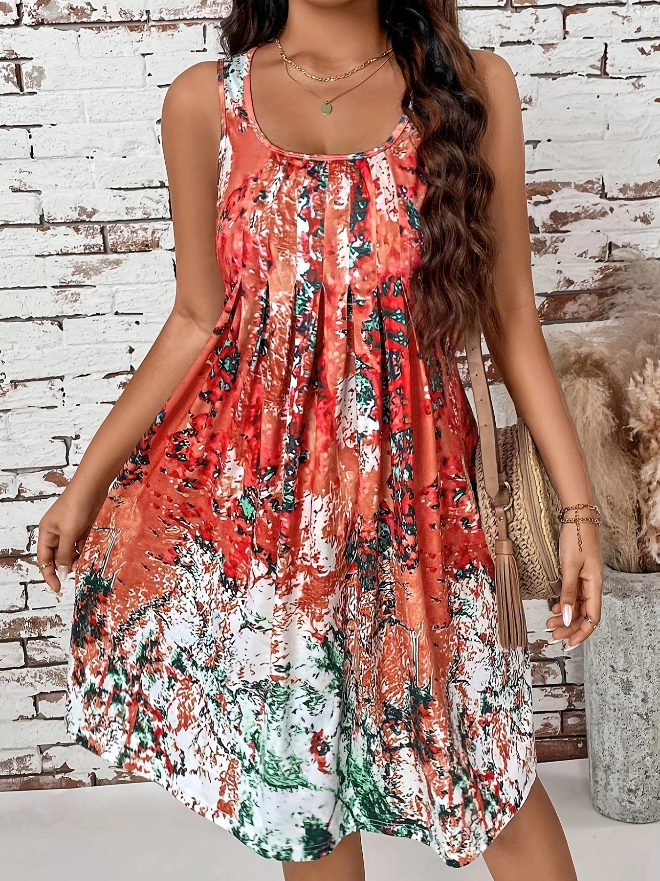 Vibrant Floral Print Scoop Neck Tank Dress - Flowy, Sleeveless, Pleated, Relaxed Fit, Casual, Spring & Summer Essential - Women's Comfortable Clothing for Warm Weather