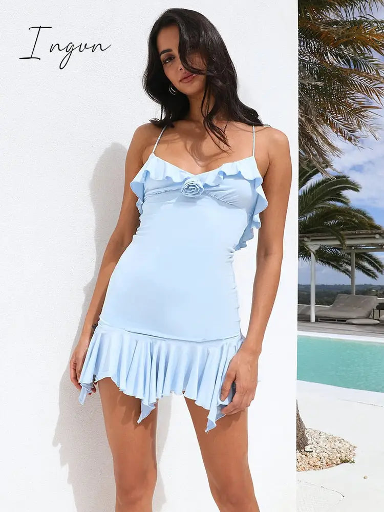 Ingvn - Elegant Flower Ruffle Mini Dress Women Robe Spaghetti Strap Off-shoulder Backless Bodycon Beach Holiday Party Dress