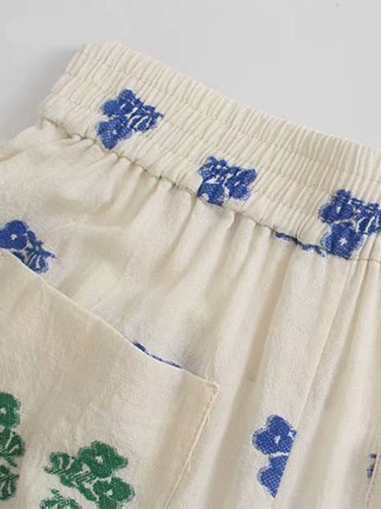 Voguable  Cotton Linen Beige Folk Vintage Sleeveeless Women Sets Casual Crop Top Wide Leg Slip Pants Suits Summer Floral Sets