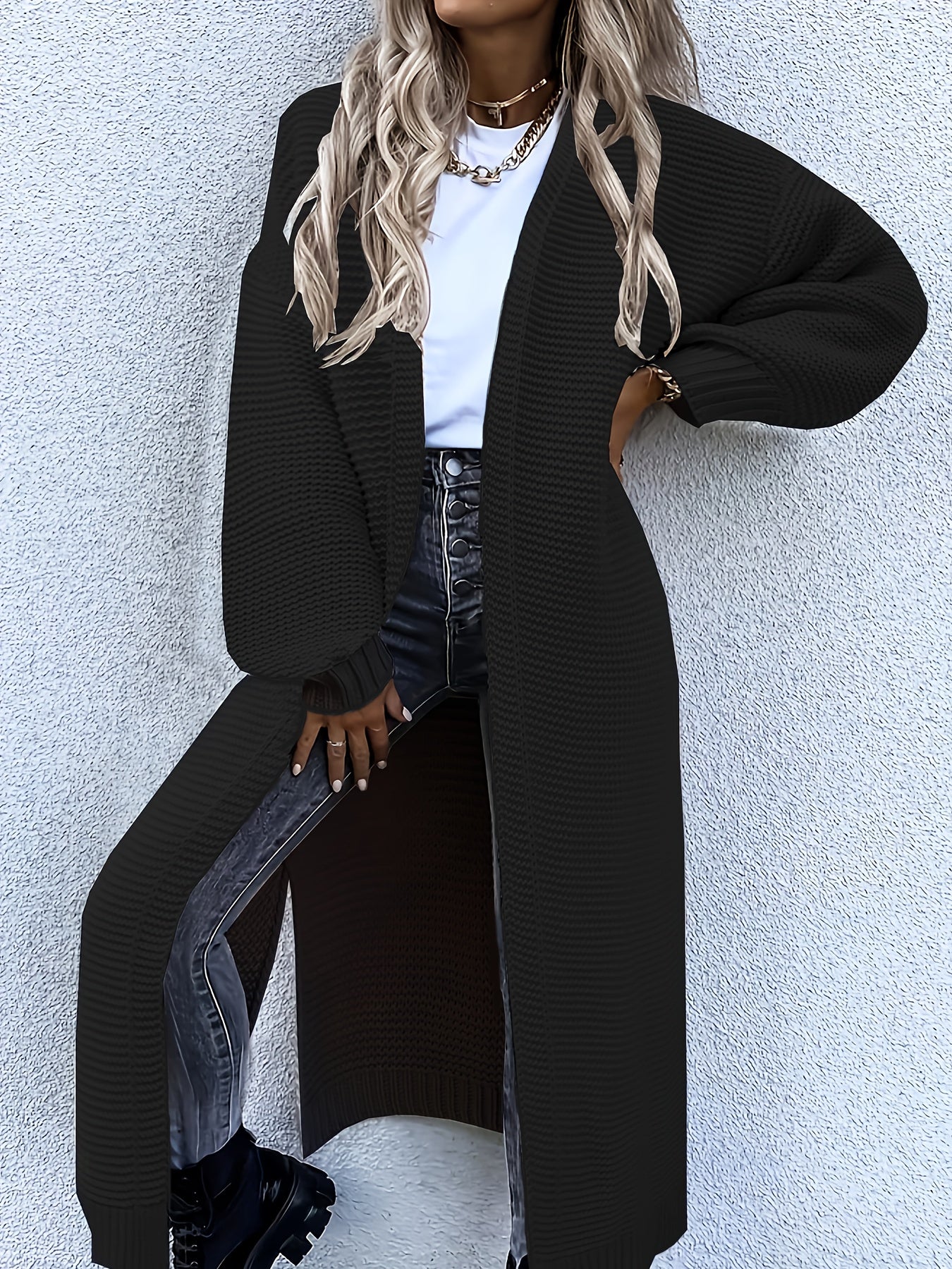 Women's Stylish All-Season Cardigan - Durable Knit with Chic Solid Color, Micro Elasticity, Open Front, and Side Splits