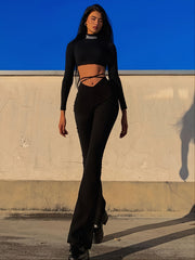 Solid Black High Waist Flare Leggings with Open Navel Criss Cross Straps - Body-Conforming & Fashion-Forward Wide Pants for Women