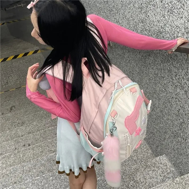 Ingvn  Y2k Japanese Original Pink Girl Pistol Star Backpack Personalized High Capacity College Schoolbags Sweet Cool Girl Shoulder Bag