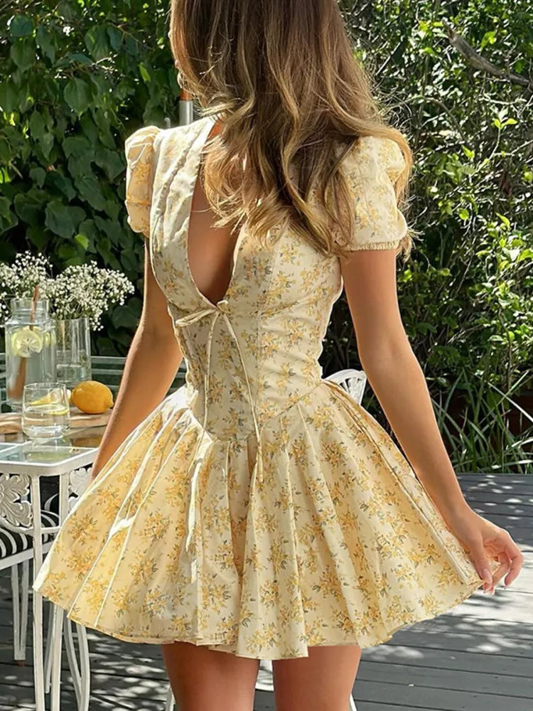Deep V Neck Print Sexy Mini Dress For Women Fashion Lace-up Short Sleeve A-line Pleated Dress Elegant New Clothes