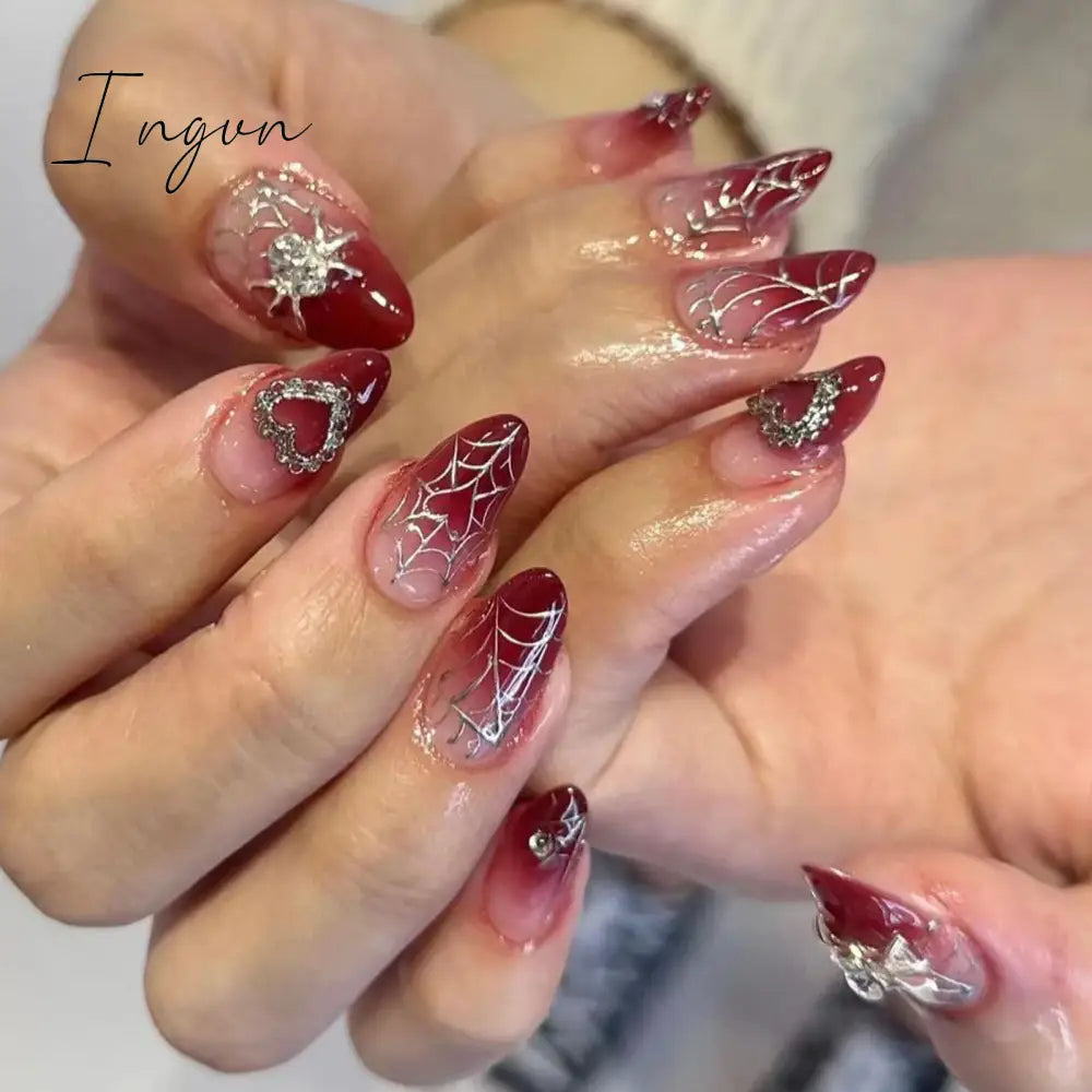 24pcs y2k Sliver Cool Fake Nails Goth Style 3D False Nail Patch Lady Women Wearable Detchable Artificial Nails Patches for Girls
