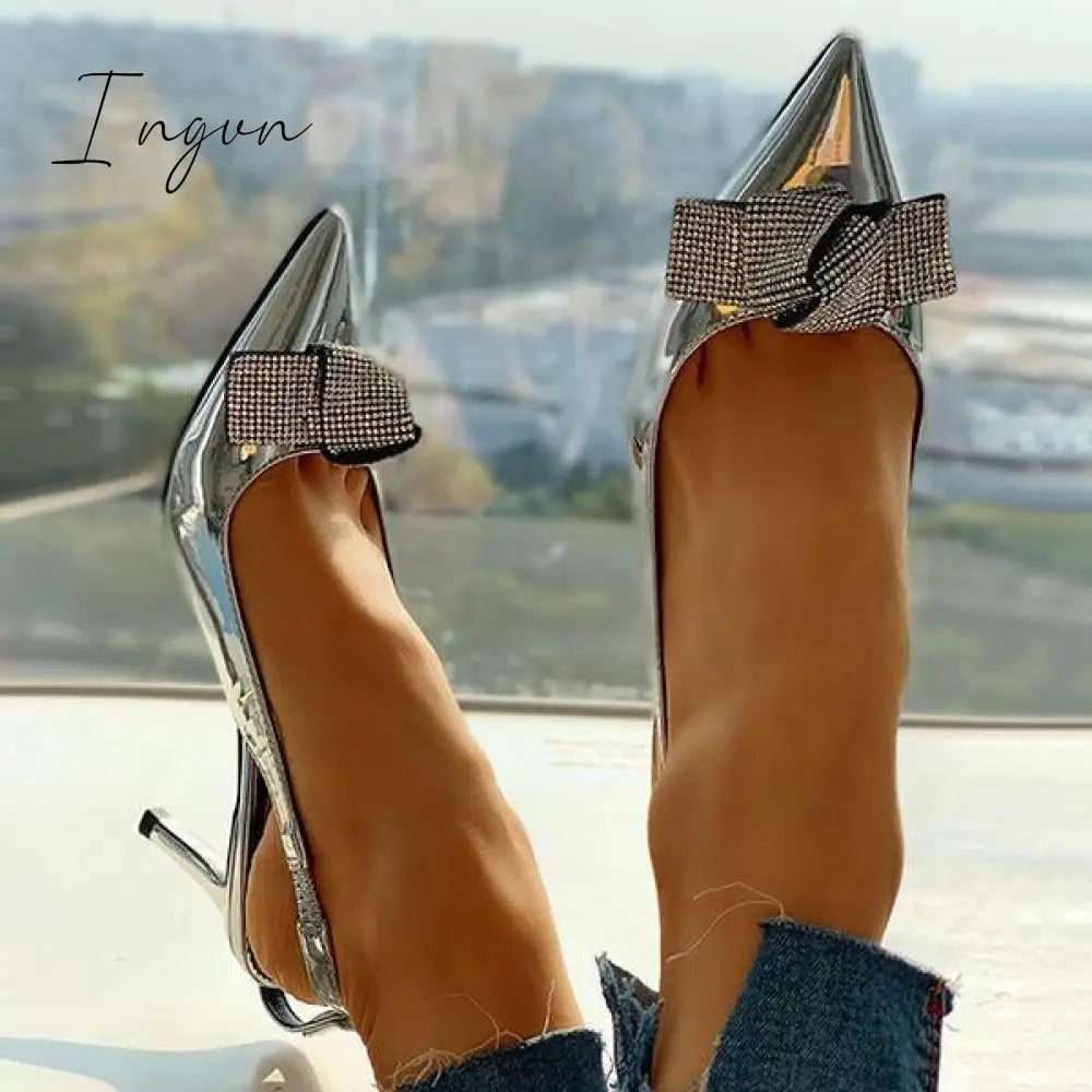 Ingvn - Pointed Toe Studded Bowknot Slingback Thin Heels