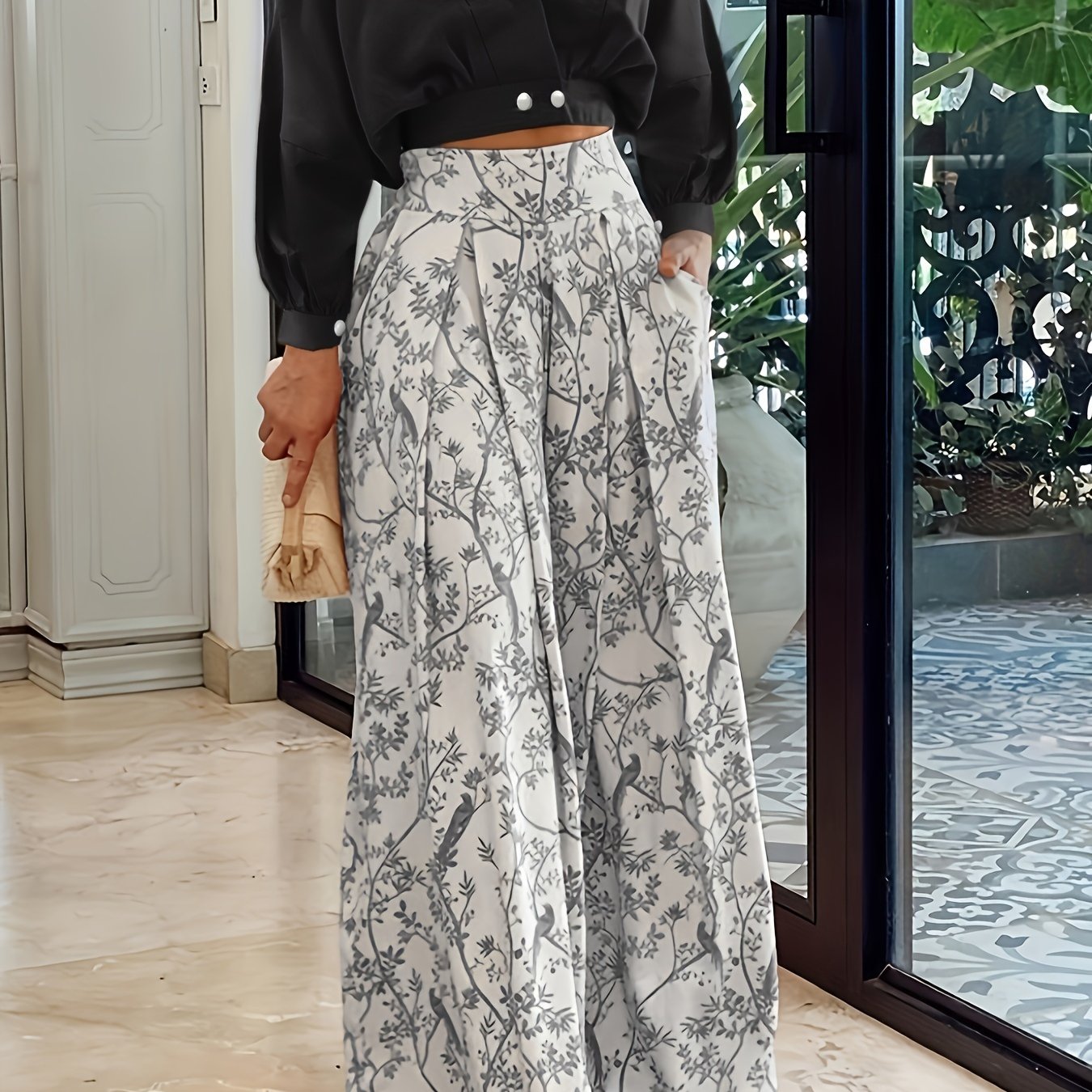 Two-Piece Casual Outfit Set - Surplice Neck Solid Color Top with Adjustable Straps & Wide Leg Floral Print Pants - Comfortable Womens Clothing for Daily Wear