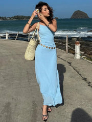 Simple Biased Collar Maxi Dress Women Sleeveless Backless Solid Summer Vacation Classic Beach Party Temperament Vestidos