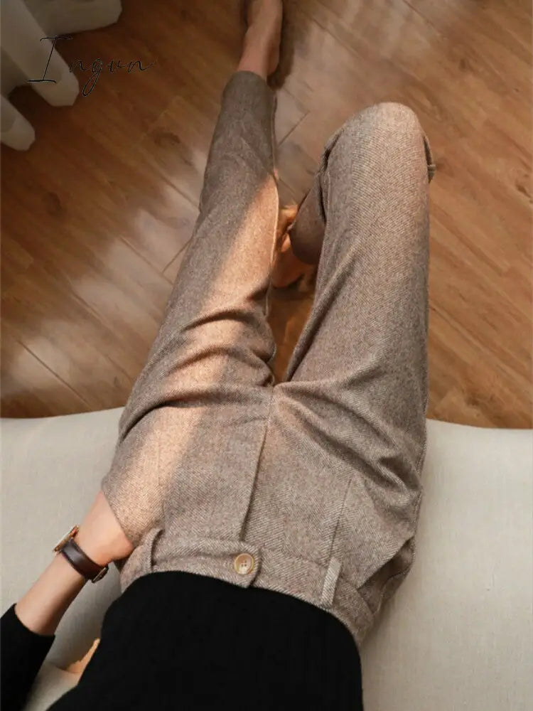 Ingvn - Herringbone Woolen Pants Women's Harem Pencil Pants Autumn Winter High Waisted Casual Suit Pants Office Lady Women Trousers