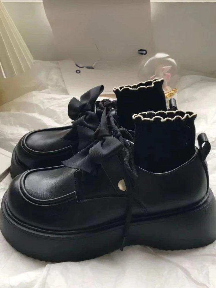 Ingvn  College Style Vintage Shoes Women Japanese Kawaii Bow Casual Mary Janes Shoes Female Lace-up Elegant Platform Shoes Summer