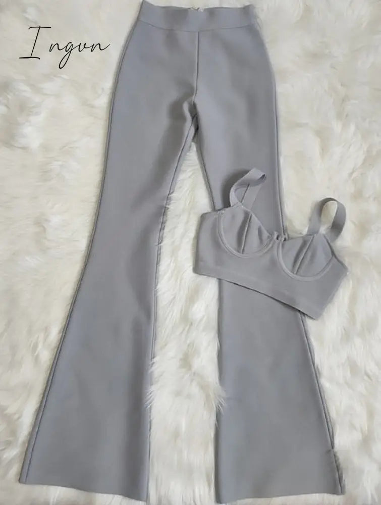 Ingvn - Summer New Women's Fashion Sexy Bandage 2 Two-piece Set Sleeveless Tight Short Top &  High Waist Flared Trousers Pants Set