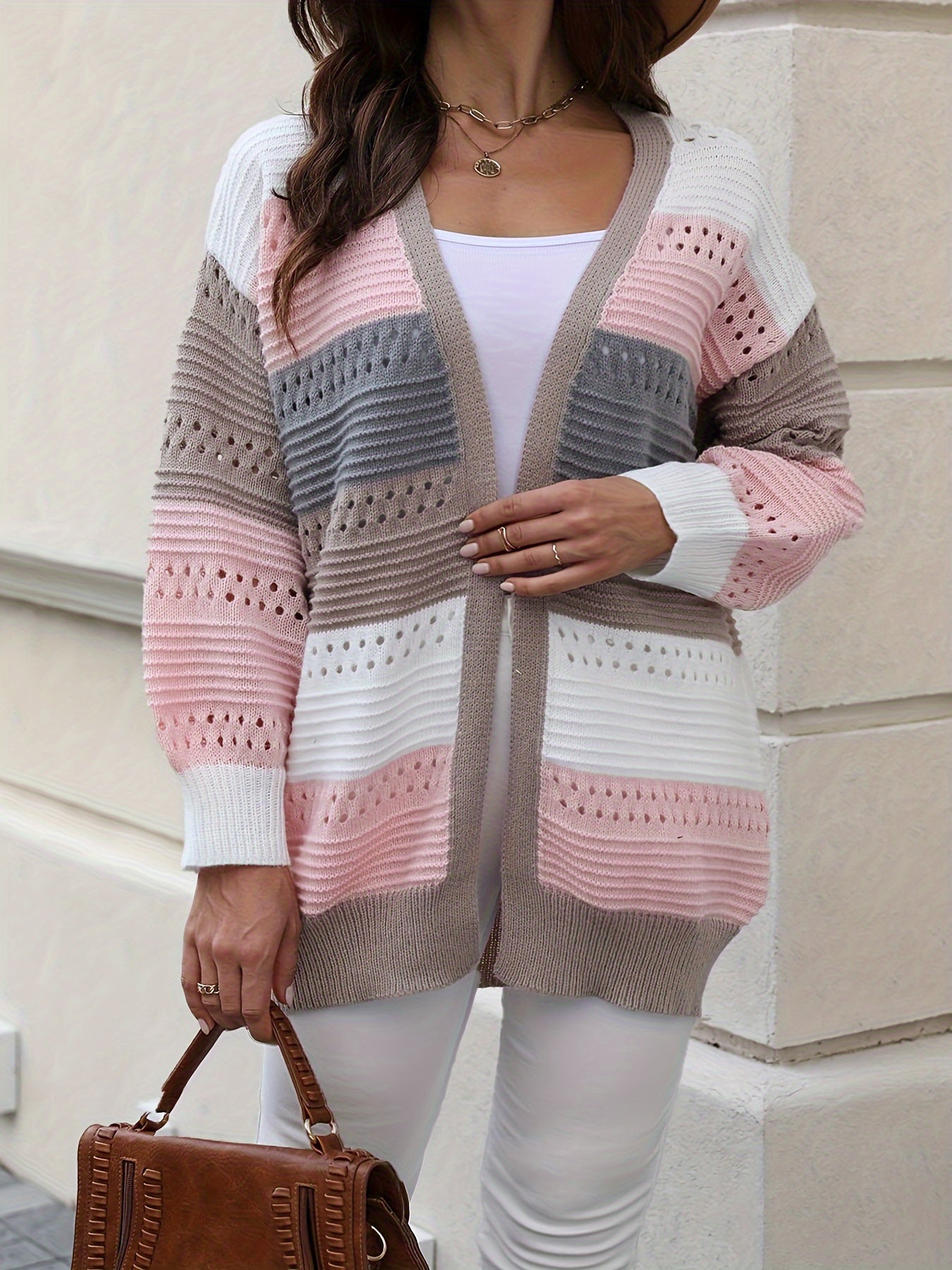 Plus Size Casual Cardigan, Women's Plus Colorblock Hollow Out Long Sleeve Open Front Cardigan