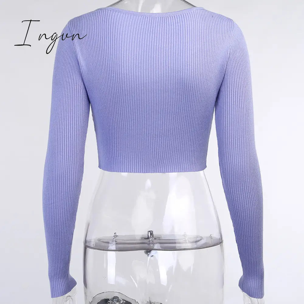 Ingvn - Fashion Trends European and American Fashion Autumn New Women's Solid Color Long-sleeved Slim Top Feminine Peach Heart V-neck Woolen Sweater