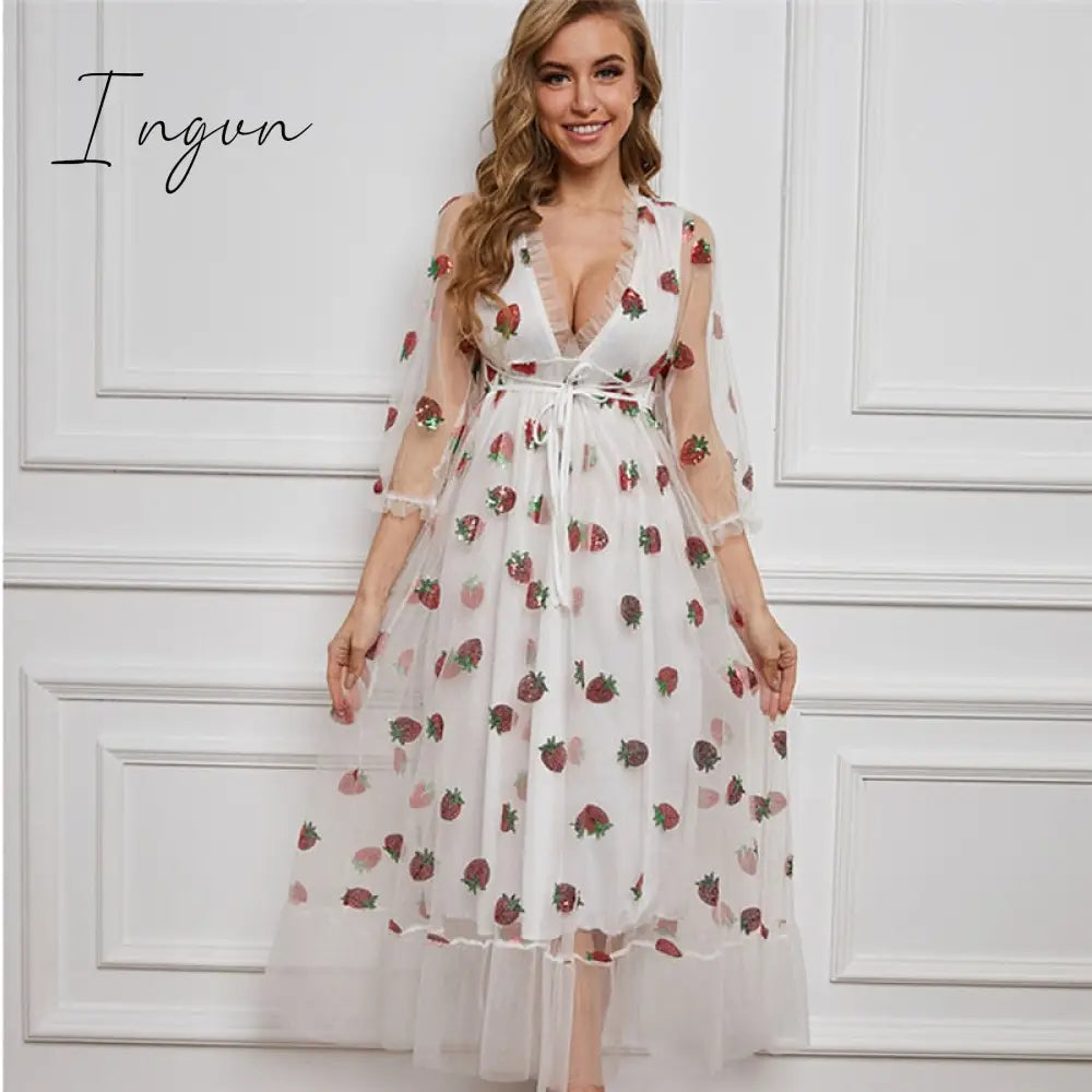 Ingvn - Strawberry Dress Women Fashion Deep V Puff Sleeve Sweet Voile Mesh Sequins Embroidery French Party Dresses 4XL 5XL